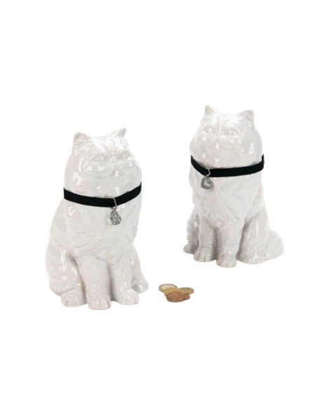 Hucha de cerámica con forma de gato blanco sentado y collar negro.