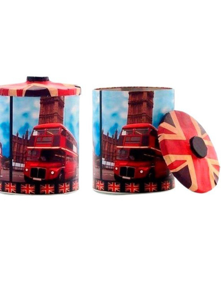 Bote de cocina metálico con diseño de autobús rojo de Londres y tapa impresa con la bandera británica Union Jack