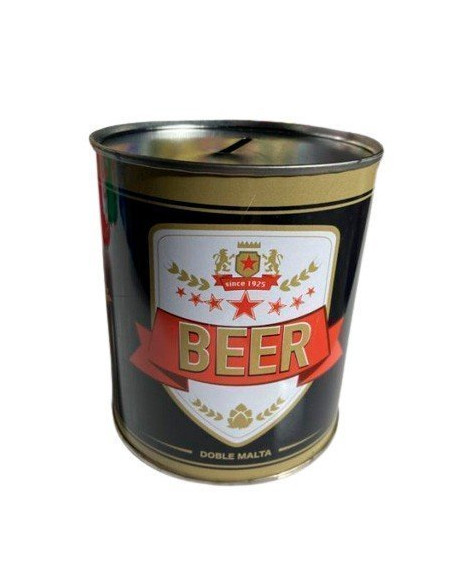 Hucha metálica de color negro y dorado con forma de lata de cerveza vintage sobre fondo blanco