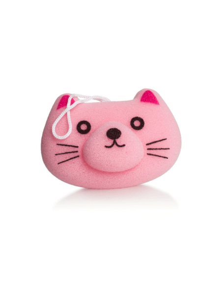 Esponja de baño rosa con forma de cara de gato.
