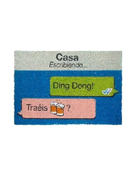 Felpudo con diseño de conversación tipo WhatsApp y frase ¿Traes cerveza?