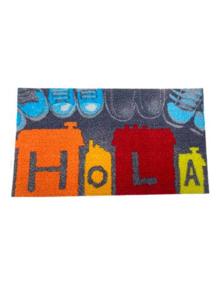 Felpudo de poliéster multicolor con diseño Hola y base antideslizante.