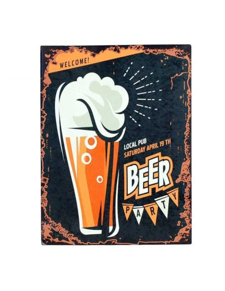 Cartel metálico retro de cerveza con jarra y mensaje Welcome Beer Party.