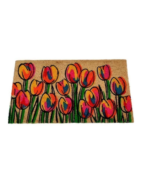 Felpudo de fibra de coco natural con estampado de tulipanes de colores vibrantes sobre base antideslizante de PVC