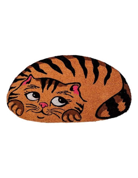 Felpudo de coco con forma de gato atigrado tumbado.
