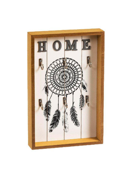 Cuelgallaves de pared en marco de madera con ilustración de atrapasueños y palabra HOME en la parte superior