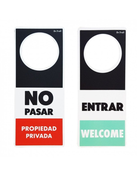 Cartel para pomo con dos caras "No pasar - Propiedad Privada" "y "Entrar - Welcome".