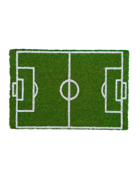 Felpudo de fibra de coco con diseño de campo de fútbol y base de PVC antideslizante.