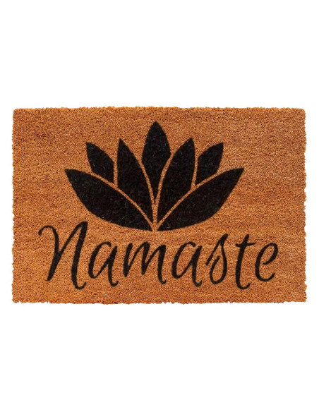Felpudo de fibra de coco natural con la palabra Namaste y diseño de flor de loto negra.