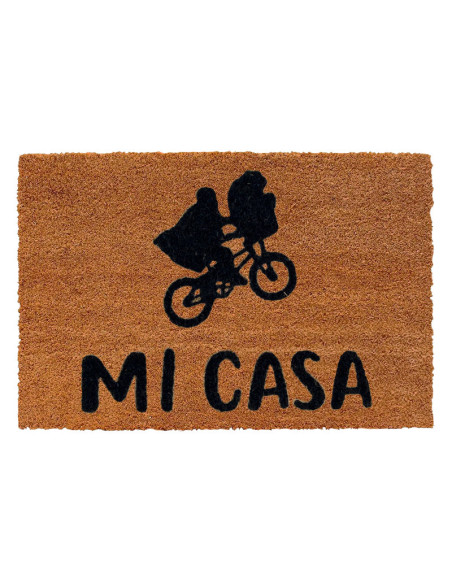 Felpudo de fibra de coco natural con silueta de E.T. y Elliot en bicicleta voladora y la frase Mi Casa