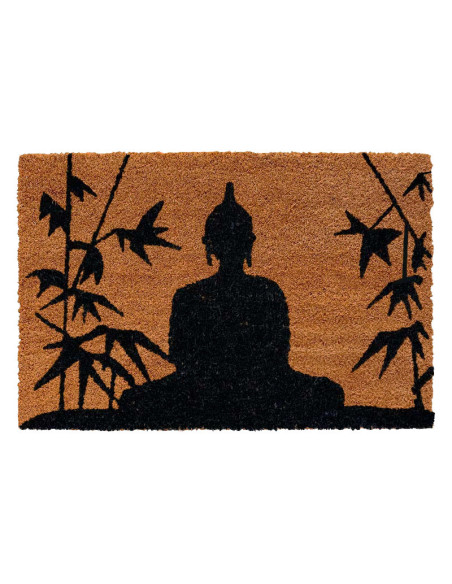 Felpudo de fibra de coco con silueta de Buda, ramas de bambú.