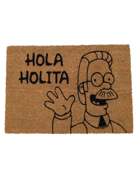Felpudo de fibra de coco de 70x40 con el dibujo de Ned Flanders de Los Simpson saludando con la mano y el texto Hola Holita