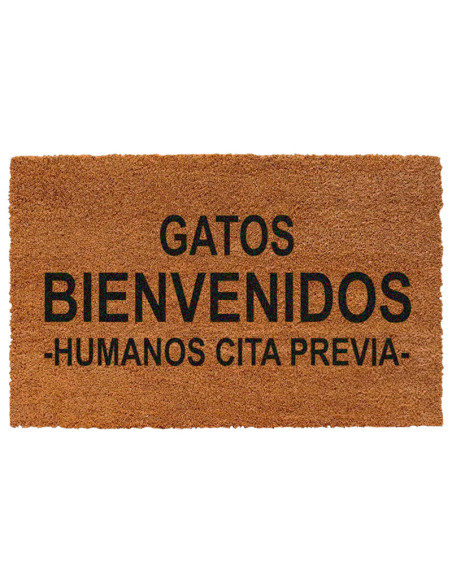 Felpudo de fibra de coco natural con la frase Gatos bienvenidos, humanos cita previa.