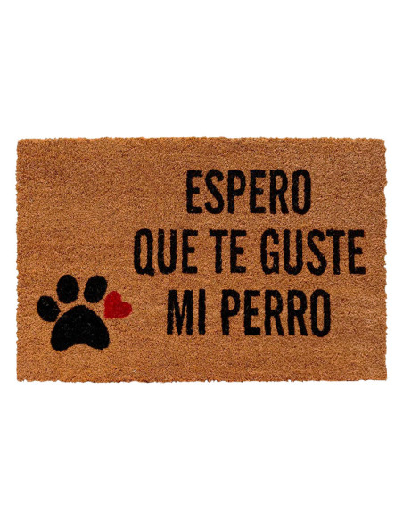 Felpudo de fibra de coco con una huella y la frase Espero que te guste mi perro.