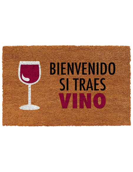 Divertido felpudo con la frase Bienvenido Si Traes Vino con dibujo de una copa.