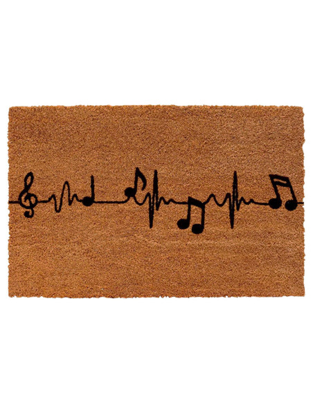 Felpudo de fibra de coco con diseño de un latido convertido en notas musicales y base de PVC antideslizante.