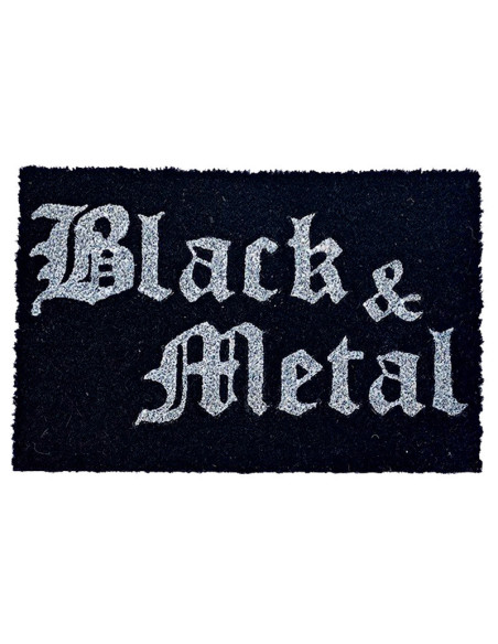 Felpudo negro Black & Metal de fibra de coco con letras de estilo gótico.
