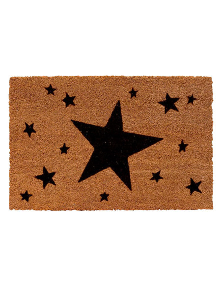 Felpudo de fibra de coco con una gran estrella negra y estrellas pequeñas alrededor.