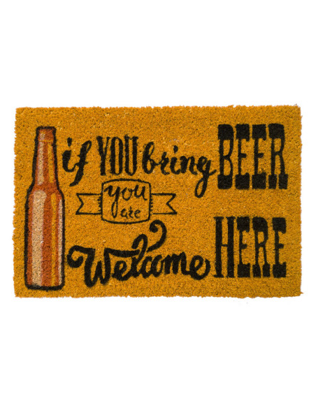 Felpudo de fibra de coco con la frase If you bring beer, you are welcome here y diseño de estilo vintage.