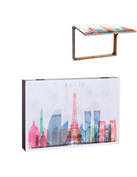 Tapa cubrecontadores de madera mostrada abierta y cerrada con ilustración del skyline de París y la Torre Eiffel