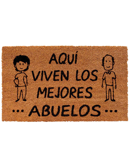 Felpudo de fibra de coco natural con la frase Aquí viven los mejores abuelos y dibujos de una pareja de abuelos.
