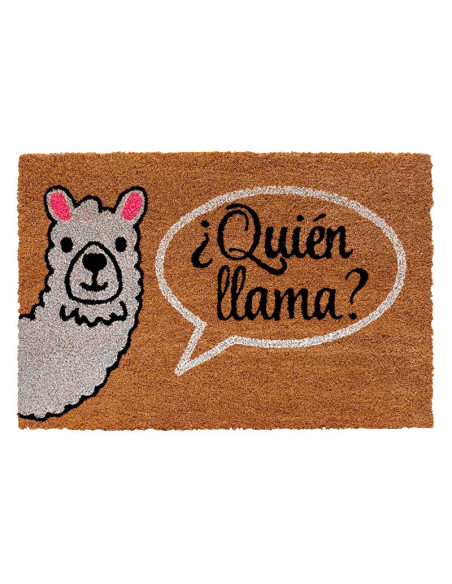Felpudo de fibra de coco con una simpática llama y la frase "¿Quién llama?" sobre base de PVC antideslizante.