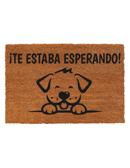 Felpudo de fibra de coco con dibujo de perro y frase Te estaba esperando.