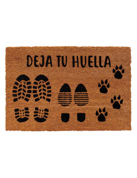 Felpudo de fibra de coco natural con huellas de zapatos, patas y frase Deja tu huella.
