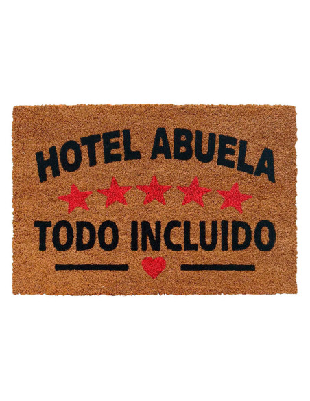 Felpudo de fibra de coco con la frase Hotel Abuela cinco estrellas Todo Incluido en letras negras y rojas