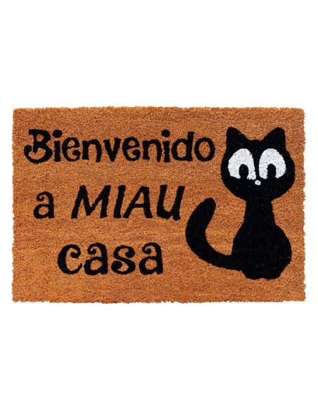 Felpudo de fibra de coco con gato negro y la frase Bienvenido a Miau Casa.