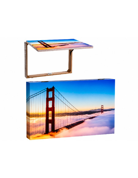 Tapa cubrecontadores de madera y canvas mostrada abierta y cerrada con impresión del puente Golden Gate al atardecer