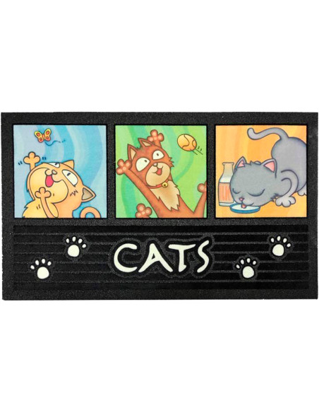 Felpudo de caucho reciclado con ilustraciones de gatos y la palabra Cats.