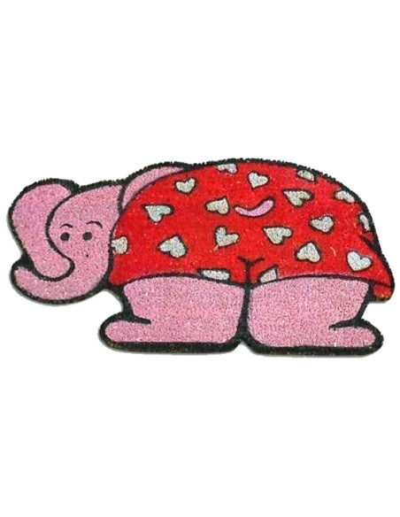 Felpudo de fibra de coco natural con forma silueteada de elefante rosa y mantita de corazones rojos sobre base antideslizante