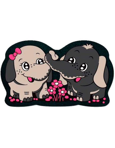 Felpudo lavable de poliamida con ilustración de una pareja de elefantes sonrientes sosteniendo flores sobre base antideslizante