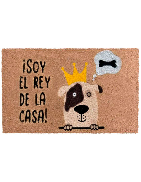 Felpudo de coco con perro con corona y frase Soy el rey de la casa.