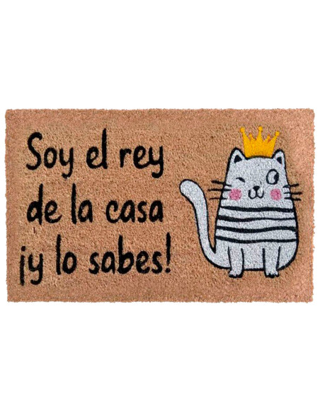 Felpudo de fibra de coco natural con gato coronado y frase Soy el rey de la casa y lo sabes.