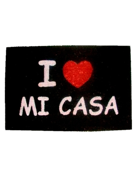 Felpudo negro con texto I Love Mi Casa y corazón rojo.