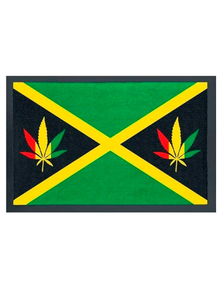Felpudo con diseño inspirado en la bandera de Jamaica y hojas de marihuana.