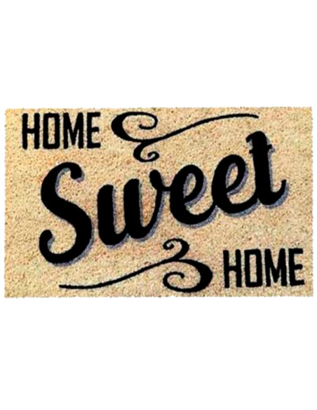 Felpudo de coco con frase Home Sweet Home en letras negras.