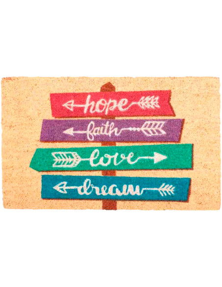 Felpudo grande de fibra de coco con señales de colores y las palabras Hope, Faith, Love y Dream, con base de PVC antideslizante.