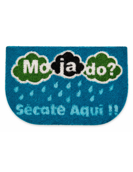 Felpudo azul de coco con gotas de lluvia y frase ¿Mojado? Sécate aquí.
