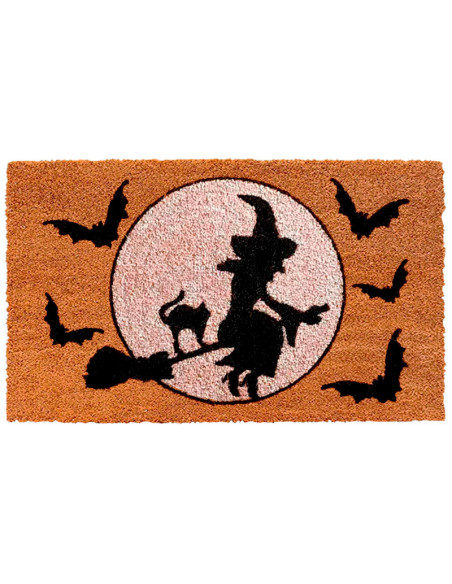 Felpudo de fibra de coco con una bruja volando, gato negro, luna llena y murciélagos.