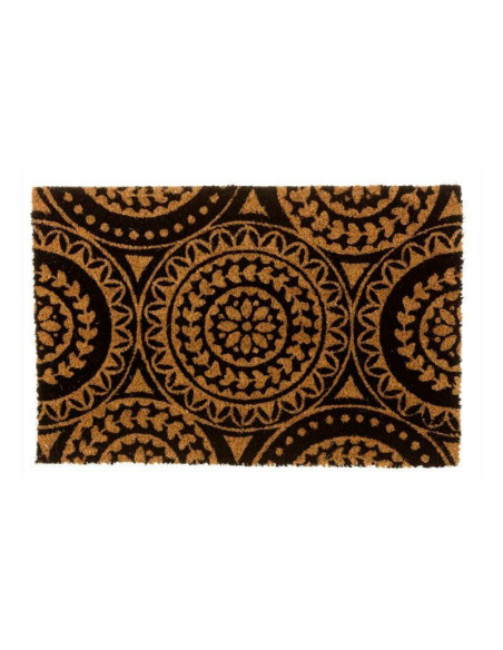 Felpudo de coco con diseño de mandalas negros sobre fondo natural.