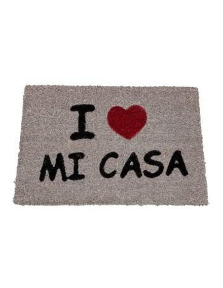 Felpudo de coco con frase I Love Mi Casa y corazón rojo.