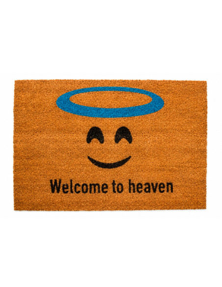 Felpudo de fibra de coco con emoticono sonriente, aureola azul y frase Welcome to Heaven.