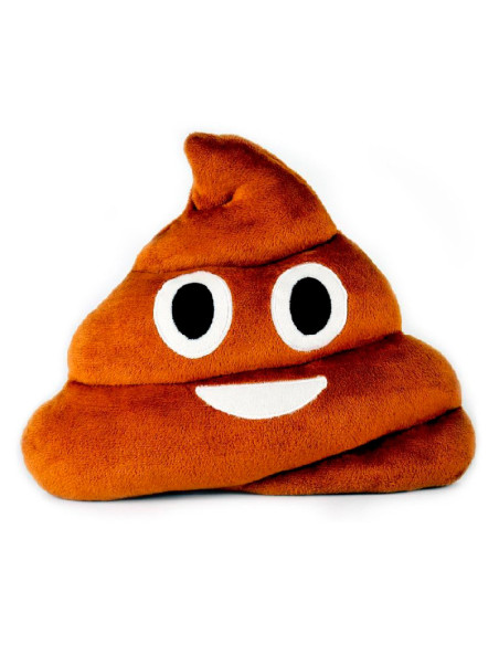 Cojín con forma de emoticono caca marrón con grandes ojos y sonrisa.