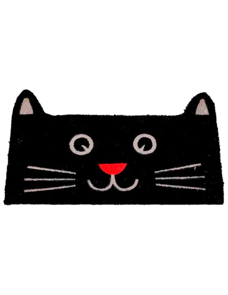 Felpudo de coco con forma de cara de gato negro, ojos, bigotes y nariz roja.
