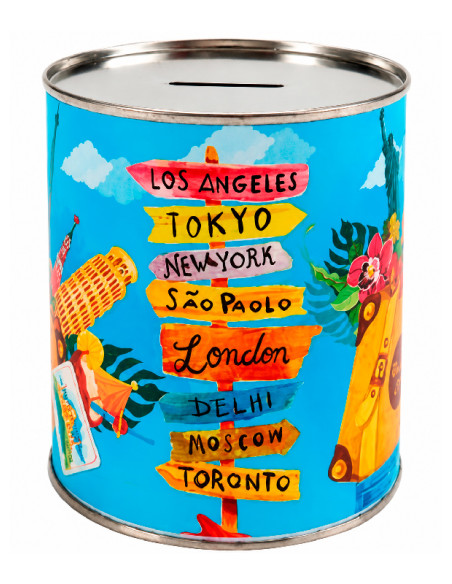 Hucha cilíndrica de metal con diseño multicolor de viajes y nombres de ciudades del mundo.