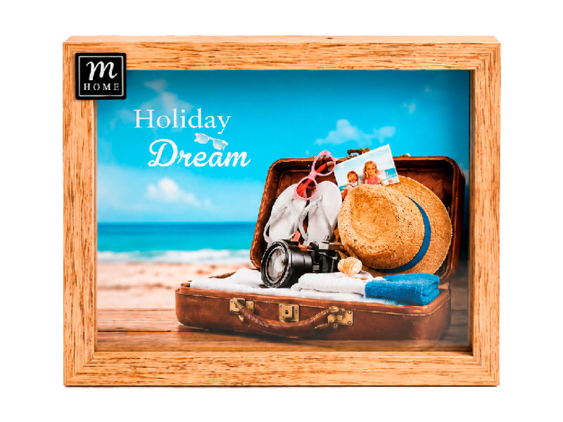 Hucha portafotos Holiday Dream de madera y cristal para ahorrar para viajes.