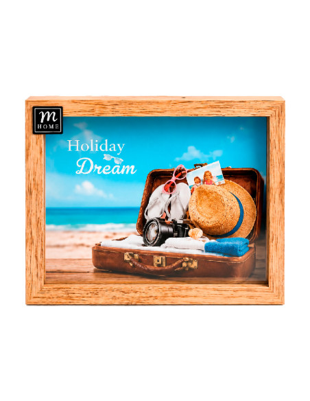 Hucha portafotos Holiday Dream de madera y cristal para ahorrar para viajes.